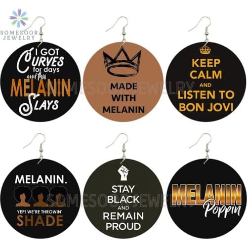 SOMESOOR Melanin Power Sayings African Wooden Drop Earrings Proud Crow Black Throwin Shade AFRO Printed Wood Jewelry For Women