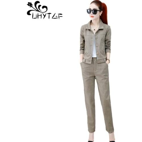 UHYTGF Fashion Womens Spring Autumn Two Piece Set Single-Breasted Short Top+Pants Tracksuit Casual Profession Female Suit 2004