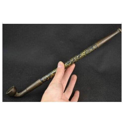 Decoration brass factory Pure Brass Antique Old Collectibles Decorated Handwork Copper Painted with Flower Designs Smoking Pipe