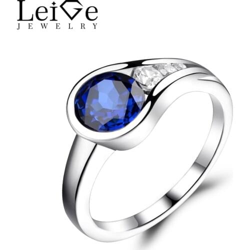 Leige Jewelry Sapphire Ring Round Cut Sapphire Engagement Rings for Women Blue Gemstone Jewelry Sterling Silver 925 Bezel Set