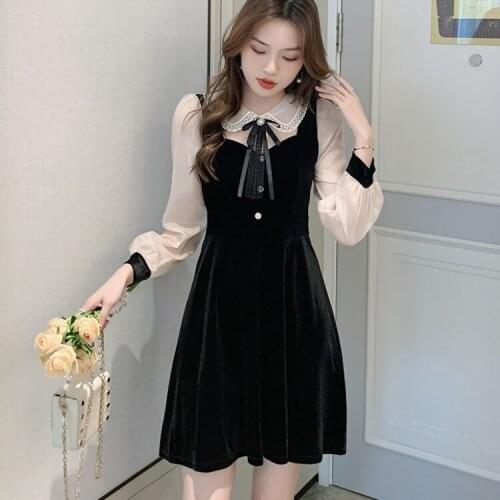 Vintage Velvet Black Dress Sweet Bow Peter Pan Collar Puff Sleeve Party Robe High Waist Slim Vestidos Korean Elegant Dresses