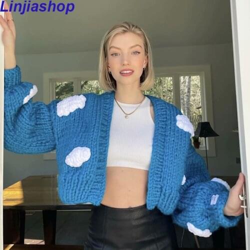 Girls Y2K Colorful Patchwork Knitted Cropped Cardigan Sweater Sweet Woman Loose Appliques Female Oversized Short Knitwear