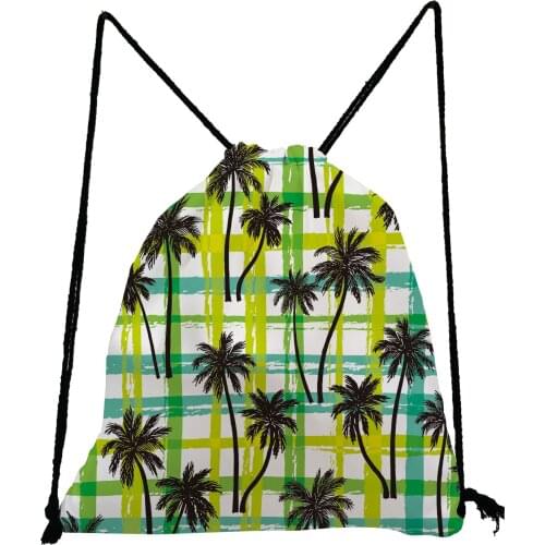 Green Grid Coconut Tree Printed Backpack Fashion All-Match Drawstring Bags High Capacity Shoe Bag to School Portable Storage Bag