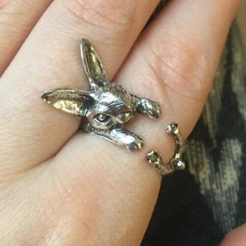 New Retro Cute Rabbit Ring Fashion Silver Animal Ring Adjustable Size Womens Ring Jewelry Party Gift Stainless Steel Unisex