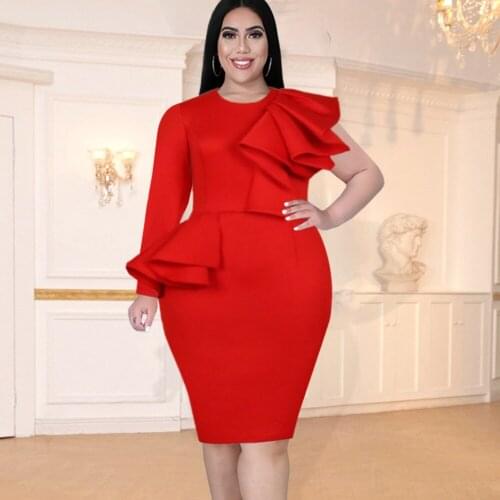 Plus Size Women Red Dress Bodycon Irregular Sleeve Spring Autumn O Neck Ruffles Oversize 3XL Evening Party Night Lady Dresses