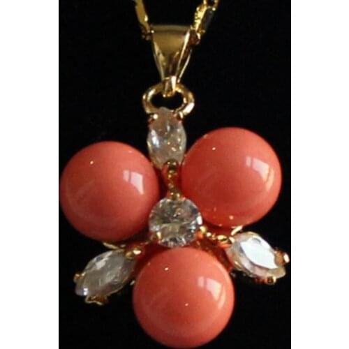 Womens fashion gold plated micro inlaid white zircon + Pink Coral Shell Pendant Necklace