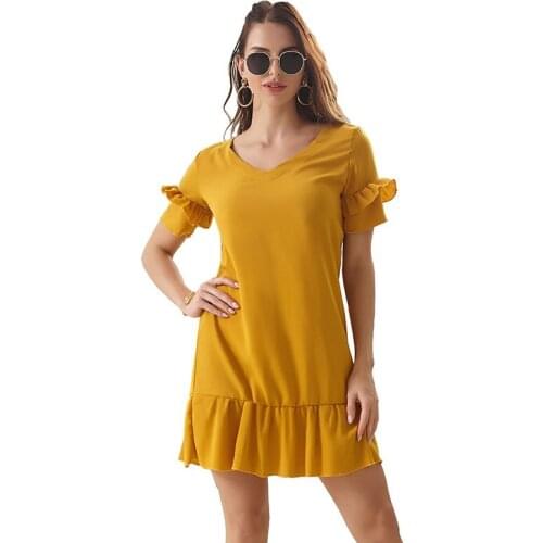 Ruffle Dress Short Sleeve Pleated Sexy Summer Lace Beach Elegant For Women 2021 Fashion New Solid Color V-neck Vestido