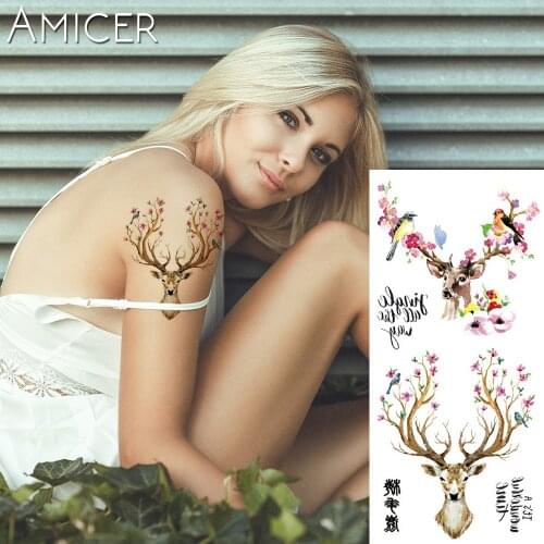 1 piece Fantasy Color Flower Deer elk Hot Large animal Temporary Tattoo Waterproof Tattoo Sticker for women men
