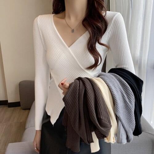 2021 V-neck Knitted Sweater Womens Autumn and Winter Korean Pullover Bottomed Versatile Slim Sweater Long Sleeve Shirt 16157