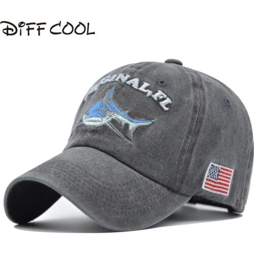 [DIFF COOL]100% washed cotton mens baseball cap fitting hat rugby hat ladies casual embroidery letters retro shark hat