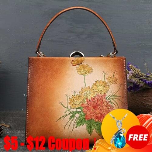 CGA 2021 New Handmade Genuine Leather Handbags For Women Bag Vintage Nature Soft Cowhide Handbag Embossed Versatile Shoulder Bag