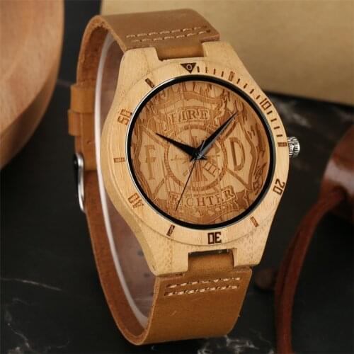 Fire Fighter Theme Display Bamboo Wood Watch Men Brown Genuine Leather Quartz Wristwatch Casual Mens Watches Gifts Dropshipping