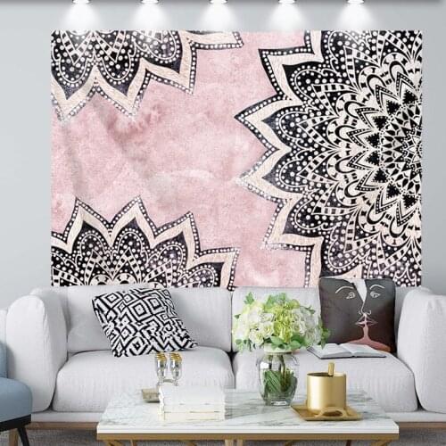 Black Mandala Flowers Cherry Pink Tapestry for Livingroom Photography Wall Decor