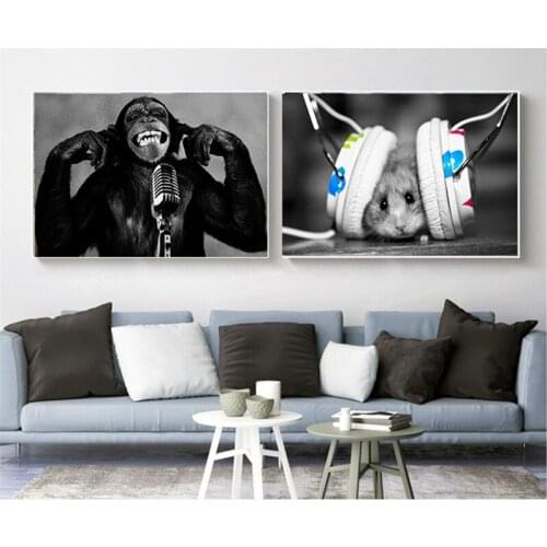 Black White Art Creative Animal Orangutan Music Monkey Canvas Painting Wall Pictures for Living Room Decoration Maison Poster