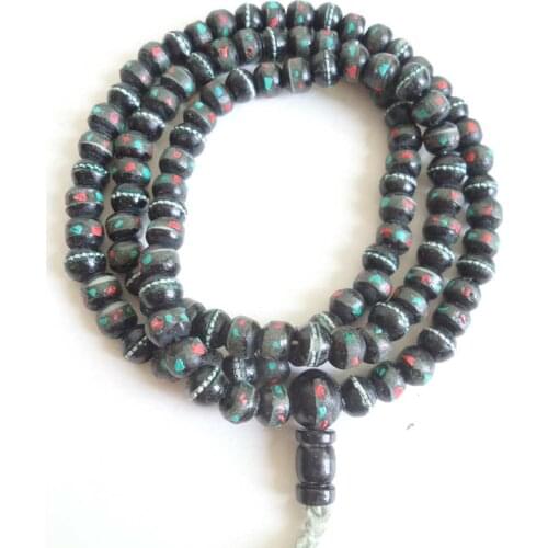 BRO842 Tibetan 108 Black Yak Bone Prayer Beads Mala 8mm Tibet Bone Inlay colorful stone Rosary