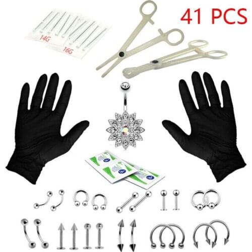Navel Ear Nose Tool Kit 41PCS Professional Body Piercing Nipple Needles