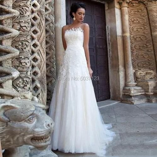 A Line Tulle Wedding Dresses Lace Appliques Scoop Sleeveless Backless Bridal Gowns Sweep Train Vestido De Noiva Plus Size