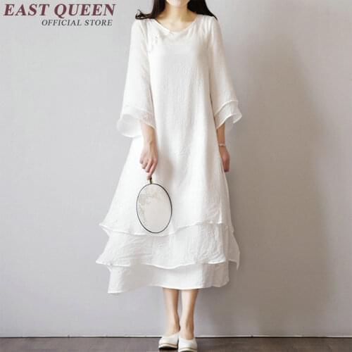 Summer linen dress solid color o-neck multi-layer type linen dresses women linen cloth loose cotton long linen dresses AA2065 Q