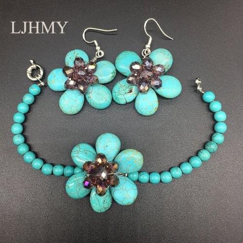 LJHMY Turquoises Stone Crystal Flower Statement Bracelets And Earrings Jewelry Set Women