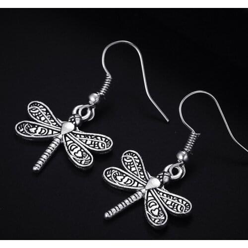 Trendy Vintage Dragonfly Shape Dangle Antique Silver Plated Earrings for Women Girl Retro Drop Earrings Cute Earring Jewelry