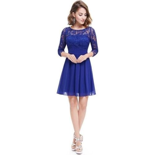 Fashion O-collar blue high waist nine points sleeves hollow hook flower lace stitching chiffon pleated knees dress