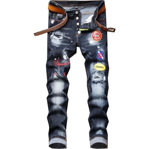 New Brand Designer Jeans Mens Bottom Denim Pants Blue Appliqué Patch Paint Ripped Holes Wild Maple Leaf Icon Personality