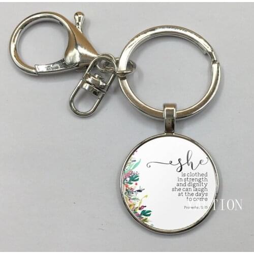 New Religious Jewelry She is clothed in strength and dignity Proverbs 31:25 Keychain Bible Verse Inspirational Women Men Gift