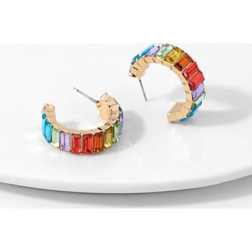 New Design Glass C Shape Earrings for Women Trendy Multicolor Crystal Rhinestone Statement Stud Earrings Boho Wedding Jewelry