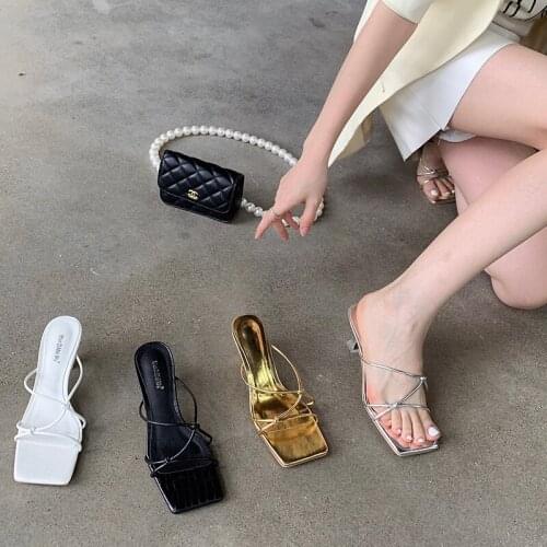 Silver/Gold Ladies Summer Sandals Slides Thin High Heels Party Pumps Narrow Band Casual Mules Dress Pumps Slides 2 Ways Slides