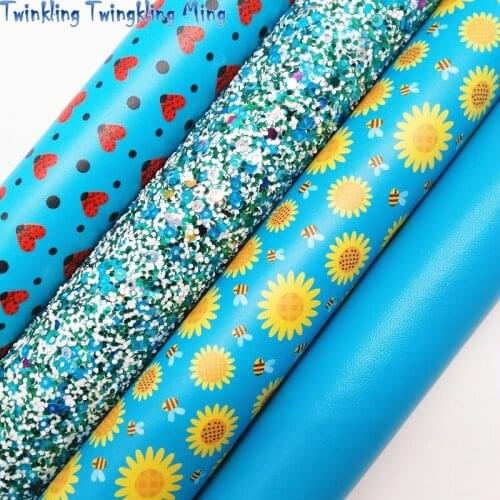Blue Glitter Leather Ladybugs Daisy Flowers Printed Synthetic Leather Faux Fabric Soft For Bows 21x29CM Twinkling Ming KM511