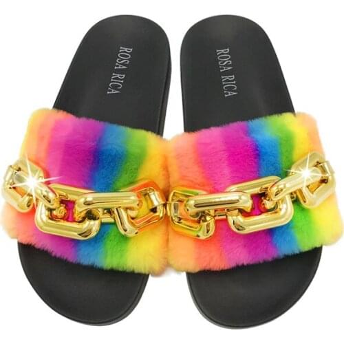 New Ladies Slippers 2021 Summer Slides Fashion Black Metal Chain Decorated Round Toe Women Slides Female Beach Shoes