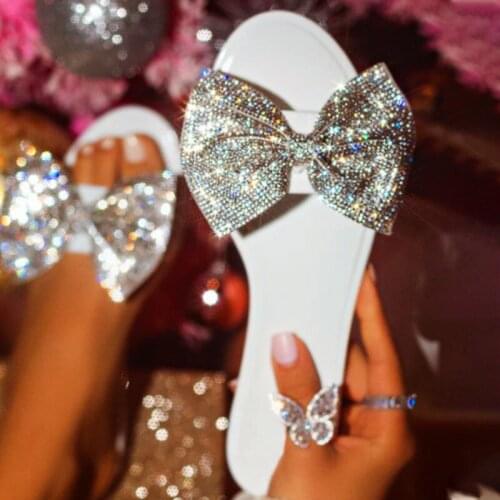 Rhinestone Slippers Bow Slides Summer Shoes Women Glitter Jelly Slides Diamond Womens Flip Flop Flat Sandals 2021