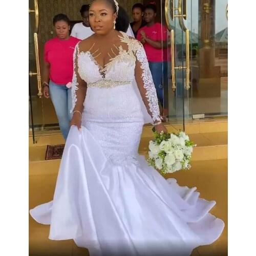Mermaid Plus Size Wedding Dresses Bridal Gown African Long Sleeves Satin Jewel Neck Sweep Train Crystals Beaded Lace Applique