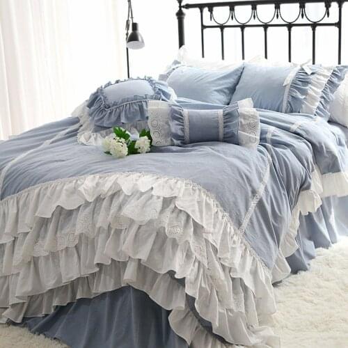 Comfortable bedding set blue Super sweet cake layers Queen Ruffle duvet cover Luxury lace bedspread bowknot pillowcase HM-21S
