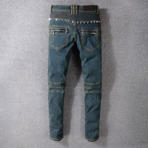 Vintage Washed Mens Biker Jeans Punk Style Studded Slim Fit Pleated Pencil Pants Rivet Motorcycle Denim Pants Big Size Trousers
