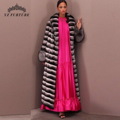 New Winter Women 130cm Long Rex Rabbit Fur Real Chinchilla Color Rex Rabbit Fur Coat Natural Fur Collar Overcoat Collar Outwear