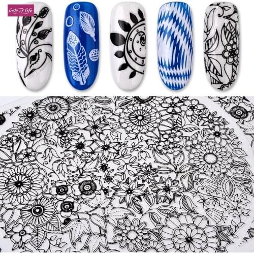 1 Sheet Black Adhesive Flowers Nail Stickers Feather Peacock Popular Designs Nail Art Decals DIY Manicure Accessories