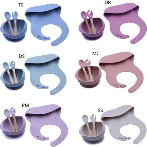 4Pcs Feeding Set Food Grade Silicone Waterproof Bibs Baby Non-silp Suction Bowl Kids Tableware BPA Free Spoon Fork