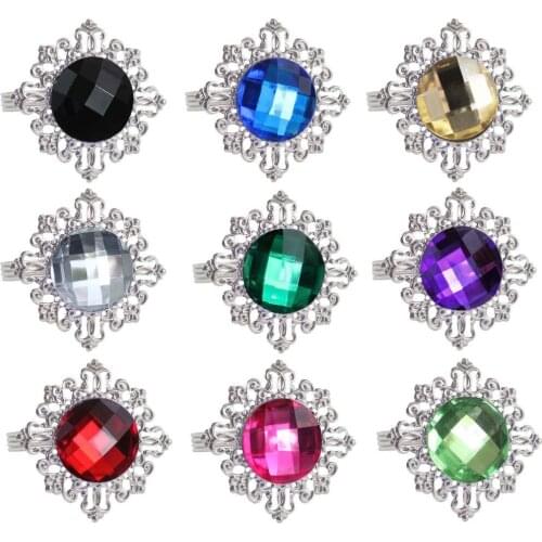 50pcs Silver Plated Metal + Round Clear Crystal Napkin Ring Serviette Buckle Holder For Wedding Banquet Dinner Decoration Favor