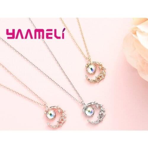 925 Sterling Silver Cute Moon Pendant Statement Necklace For Women Girls Party CZ Cubic Zirconia Fashion Jewelry Wholesale