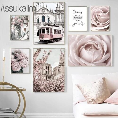 Peony Flower Wall Poster Romantic City Canvas Painting Flower Tree Art Print Nordic Wall Pictures For Living Room Home Decor