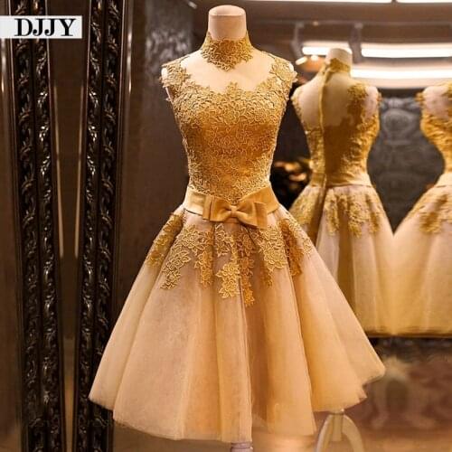 Elegant Gold Lace Evening Dress Short Formal Dress Custom Party Dresses Fast Delivery