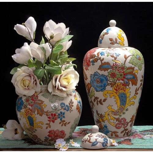 American Painted Flower Pattern Ceramic Vase Storage Jar Living Room Decoration Flower Arrangement Dried Flower Hydroponic Vase