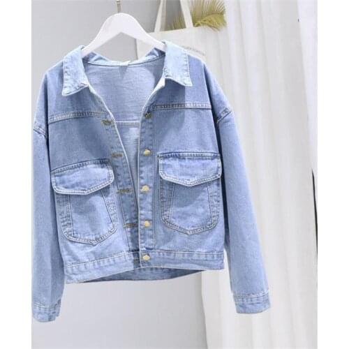 Vintage Woman Jacket 2021 Spring Autumn Denim Jackets women Washed Blue Jeans Coat Turn-down Collar Outwear Girls' Bomber Jacket