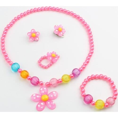 Cute Children Flower Beaded Jewelry Set Resin Pink Necklace Bracelet Ring Earrings Set Girls Gifts