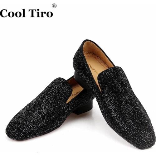 Cool Tiro Suede Black Crystals Loafers Mens Flats Shoes Slippers Smoking Man Dress Shoes Wedding Party Shoes Genuine Leather