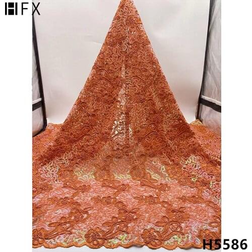 HFX Latest Orange Tulle Lace Fabric With Sequins French African Lace Fabric 2021 Net Lace Fabric Nigerian Laca For Dress HX5586