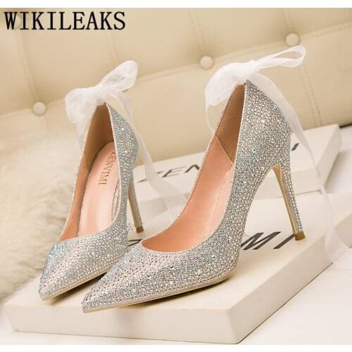 Valentine Shoes Glitter Heels Elegant Shoes For Woman Rhinestone Heels Crystal Shoes Ladies Pumps Fetish High Heels Sexy Tacones