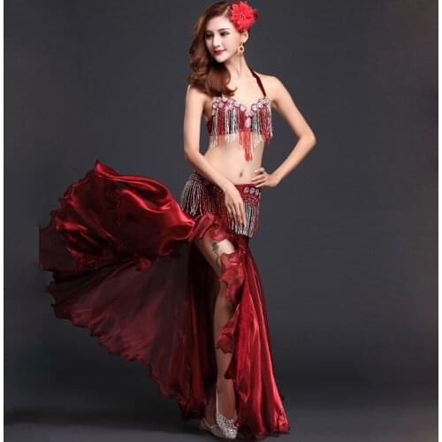 Performance Oriental Belly Dancing Clothes 3-piece Suit Bead Bra, Belt & Skirt Belly Dance Costume Set
