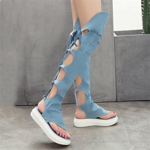 PXELENA Rome Hollow Out Summer Long Demim Boots Women Cross tied Thigh High Thong Gladiator Sandals Gothic Punk Platform Shoes